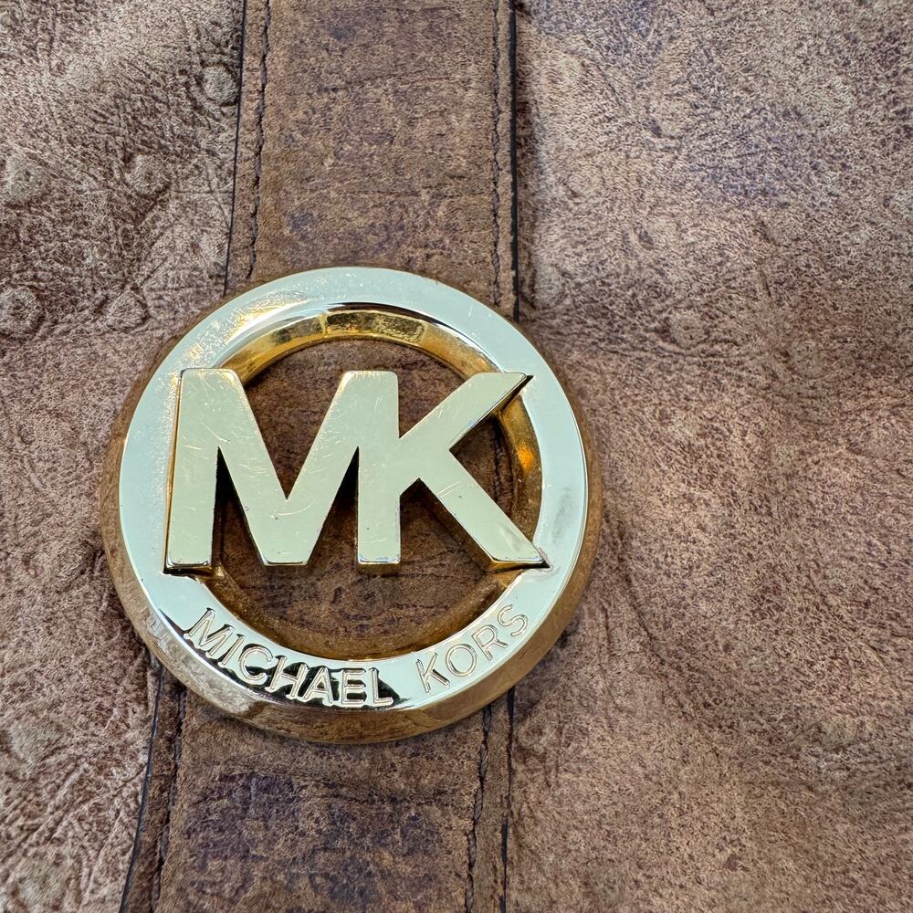 Michael Kors Distressed Ostrich Embossed Leather Shoulder Tote Bag Walnut Brown - Picture 3 of 12